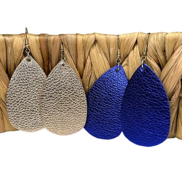 Metallic Faux Leather Teardrop Earrings Blue and Champagne Gold Set of Two - Picture 5 of 5
